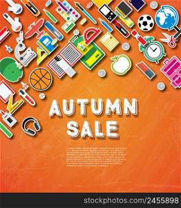 Autumn sale banner with school supplies on orange chalk board background. Vector illustration. School banner with copy space.