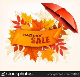 Autumn Sale Card With Colorful Leaves And Umbrella. Vector.