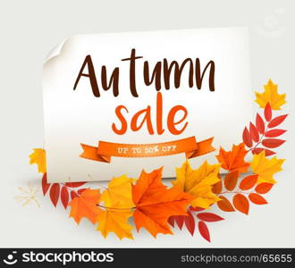 Autumn Sale Card With Colorful Leaves. Vector.