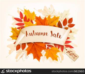 Autumn Sale Card With Colorful Leaves. Vector.