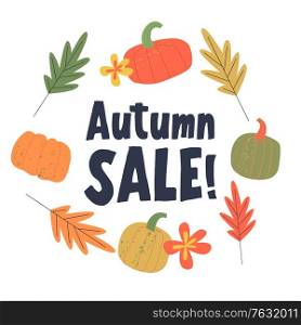 Autumn sale. Colorful autumn leaves and colorful pumpkins on a white background. Vector illustration.. Autumn seasonal sale. Vector illustration.
