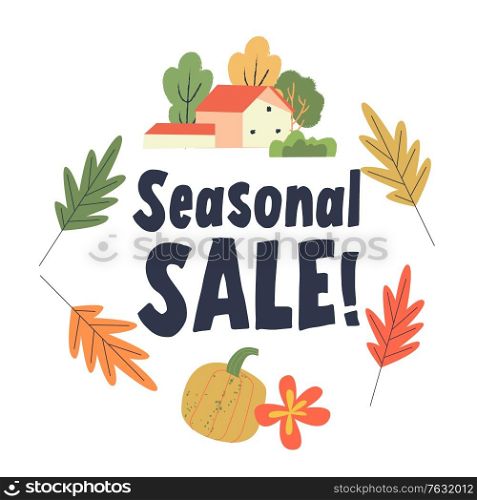 Autumn sale. Colorful autumn leaves, colorful pumpkins and a village house on a white background. Vector illustration.. Autumn seasonal sale. Vector illustration.