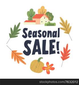 Autumn sale. Colorful autumn leaves, colorful pumpkins and a village house on a white background. Vector illustration.. Autumn seasonal sale. Vector illustration.