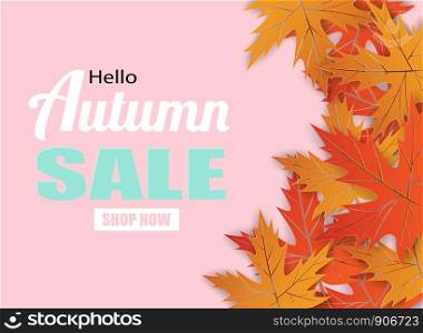 Autumn sale. design with autumn leaves on pink background. Vector.
