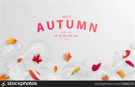 Autumn sale falling leaves fall background Vector template.