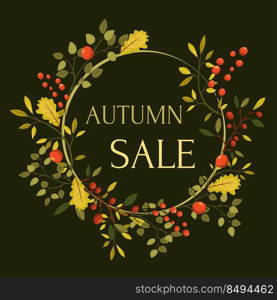 Autumn sale flyer template with lettering. Bright fall leaves. Poster, card, label, banner design. Bright geometrical background. Vector illustration EPS10. The template of the leaflet of the autumn sale with the inscription. Bright autumn leaves. Poster, postcard, label, banner design. Bright geometric background.