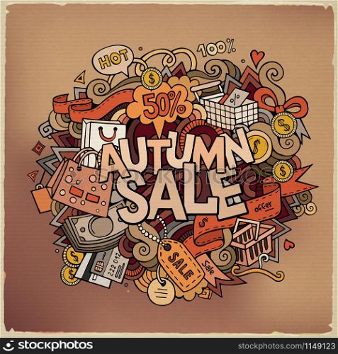 Autumn sale hand lettering and doodles elements and symbols background. Vector hand drawn illustration. Autumn sale hand lettering and doodles elements
