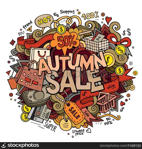 Autumn sale hand lettering and doodles elements and symbols background. Vector hand drawn illustration. Autumn sale hand lettering and doodles elements