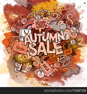 Autumn sale hand lettering and doodles elements and symbols background. Vector hand drawn watercolor illustration. Autumn sale hand lettering and doodles elements