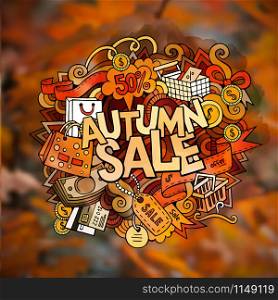 Autumn sale hand lettering and doodles elements and symbols emblem. Vector blurred background. Autumn sale hand lettering and doodles elements
