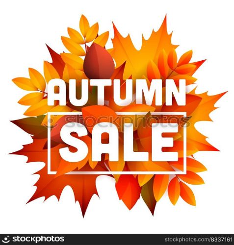 Autumn sale leaflet design with bunch of leaves. Text with frame, orange and yellow fall foliage. Vector illustration can be used for banners, posters, ads, promo