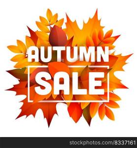 Autumn sale leaflet design with bunch of leaves. Text with frame, orange and yellow fall foliage. Vector illustration can be used for banners, posters, ads, promo