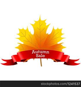 Autumn Sale on a maple leaf with a red ribbon. Autumn Sale on a maple leaf