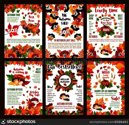 Autumn sale or October seasonal 50 percent discount posters for shop or store design template. Vector autumn seasonal shopping promo set of maple leaf, oak acorn and birch foliage, berry and mushroom. Autumn sale discount vector fall shop posters set