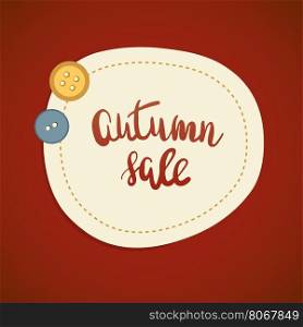 Autumn sale or offer banner design. Lettering text Autumn sale and two cute buttons on dark red background.. Autumn sale or offer banner design. Lettering text Autumn sale and two cute buttons on dark red background