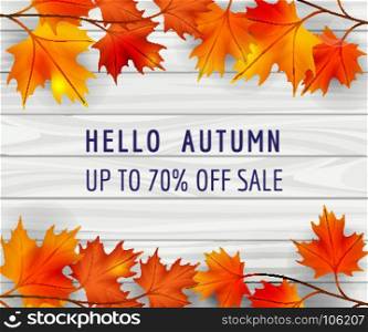 Autumn sale poster background with leaves. Autumn sale poster background with leaves on plank backdrop, vector illustration