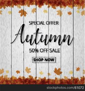 Autumn sale poster or banner for shopping with maple leaf and discount text for autumnal design for promo poster, leaflet or web banner on vector white wood fence background