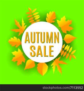 Autumn sale poster. Vector illustration with autumn leaves in paper cut style