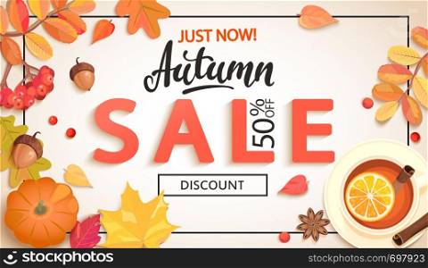 Autumn sale promo just now banner with discount surrounded by colorful autumn leaves,rowan berries,acorns,pumpkin,tea for fall season shopping promotion,web.Template for advertise.Vector illustration.. Autumn sale promo just now banner with discount.