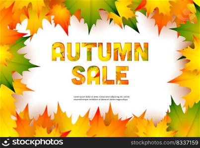 Autumn sale retail banner design with fall maple leaves. Text in frame and yellow, orange and green foliage isolated on white. Vector illustration can be used for flyers, posters, ads, promo
