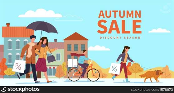 Autumn sale. Special fall offer, people with shopping bags and umbrellas in city among yellow orange leaves and puddles. Seasonal discount promotion, price falls advertising vector flat banner. Autumn sale. Special fall offer, people with shopping bags and umbrellas in city among yellow orange leaves. Seasonal discount promotion, price falls advertising vector flat banner