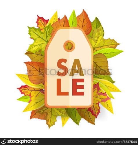 Autumn sale tag label template. Fall Pricetag. Autumn sale tag label template. Fall sale, autumn leaves, autumn background, discount tag price, season promotion, offer advertising. Foliage isolated. Autumn sale tag element. Vector illustration