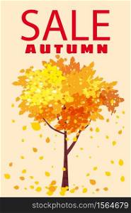 Autumn Sale, template background tree with falling leaves. Autumn Sale, template background tree with falling leaves, yellow, orange, brown, fall, lettering, poster, banner, vector, isolated