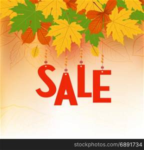 Autumn sale vector banner. Sale text in red color hanging with autumn leaves colorful