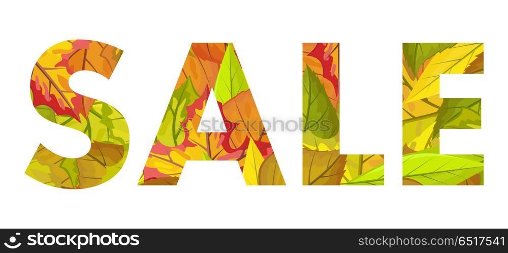 Autumn sale vector concept. Flat design. Big letters from colored fallen leaves of different trees. For store seasonal sale and discount advertising. Product label design. Isolated on white background. Autumn Sale Vector Concept in Flat Design. Autumn Sale Vector Concept in Flat Design