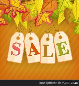 Autumn sale vector concept. Flat design. Colored leaves from different trees on top and price tags with letters hanging on ropes. For clothes stores seasonal sale and discount advertising. . Autumn Sale Vector Concept in Flat Design. Autumn Sale Vector Concept in Flat Design