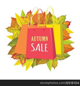 Autumn Sale Vector Concept in Flat Design. Autumn sale. Color shopping paper bags with text and fallen leaves behind isolated on white background flat vector illustration. For seasonal sales and discount promotions, stores and boutiques ad. Autumn Sale Vector Concept in Flat Design