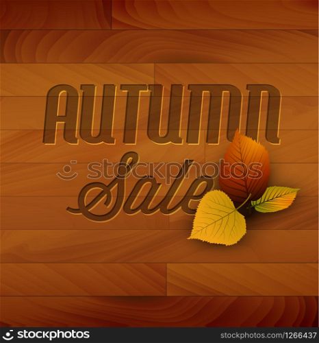Autumn sale vector wooden background with colorful leafs