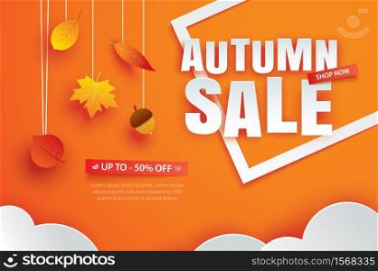 Autumn sale with leaves in paper art style on orange background.