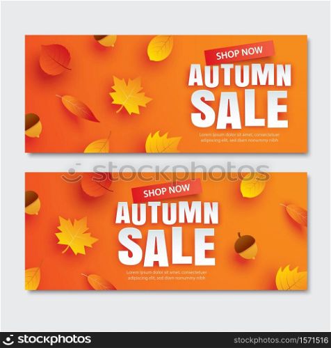 Autumn sale with leaves in paper art style on orange background. Use for voucher, banner, coupon.