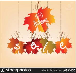 Autumn sales banner with colorful leaves hanging on a branch. Discount vector flyer