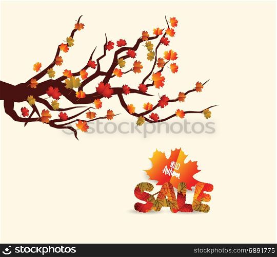 Autumn sales banner with colorful leaves on a branch. Discount vector flyer