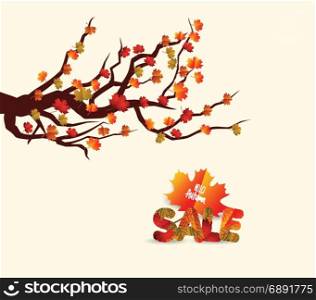 Autumn sales banner with colorful leaves on a branch. Discount vector flyer