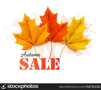 Autumn sales banner with colorful leaves. Vector.