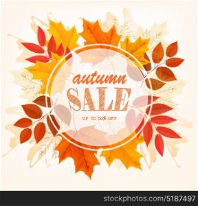 Autumn Sales Card With Colorful Leaves. Vector.