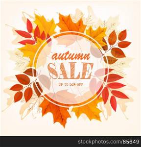 Autumn Sales Card With Colorful Leaves. Vector.