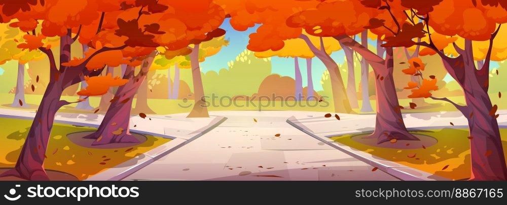 Autumn scenery, city park landscape with trees with yellow and orange foliage and falling leaves. Public garden with plants and paths in fall, vector cartoon illustration. Autumn scenery, city park landscape with trees