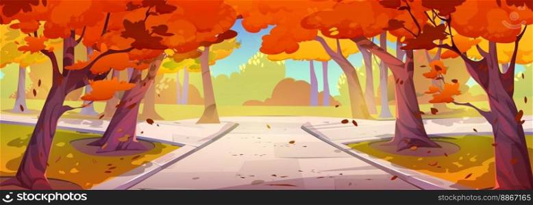 Autumn scenery, city park landscape with trees with yellow and orange foliage and falling leaves. Public garden with plants and paths in fall, vector cartoon illustration. Autumn scenery, city park landscape with trees