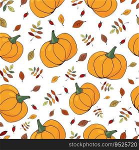 Autumn seam≤ss pattern with colorful≤aves and pumpkins on white background - seasonal packa≥for Halloween or Thanksgiving
