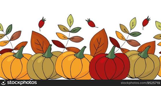 Autumn seamless border with colorful leaves and pumpkins on white background - seasonal greeting card for Halloween or Thanksgiving.