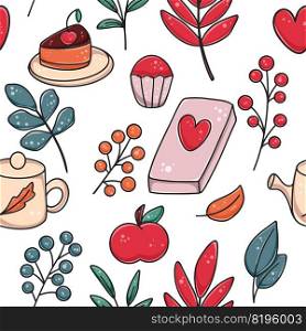 Autumn seamless cozy pattern. Background with berries leaves book tea. Fall seasonal cute print. Template for packaging, textile, paper, fill and design vector illustration. Background with berries leaves book tea