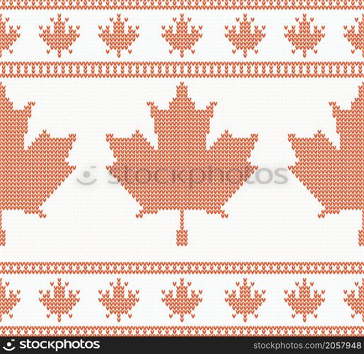 Autumn Seamless knitted texture with red maple leaf. Vector illustration