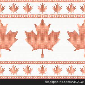 Autumn Seamless knitted texture with red maple leaf. Vector illustration