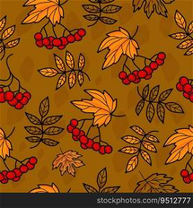 Autumn seamless pattern. Bunches of rowan berries on green background with colorful autumn leaves. Vector autumnal illustration for design, packaging, wallpaper and textile