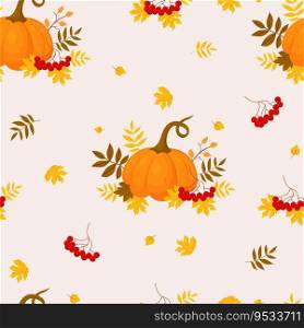 Autumn seamless pattern. Bunches of rowan with pumpkin on light background with fall leaves. Vector autumnal illustration for design, packaging, wallpaper and textile