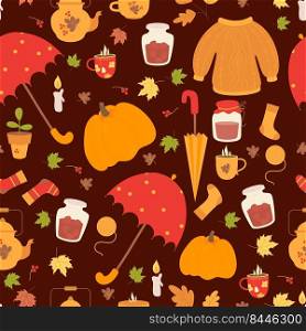 Autumn seamless pattern. Cozy, knitted sweater and socks, jar of jam, cup and teapot, hot tea, an umbrella and pumpkin on burgundy background with autumn leaves. Vector illustration
